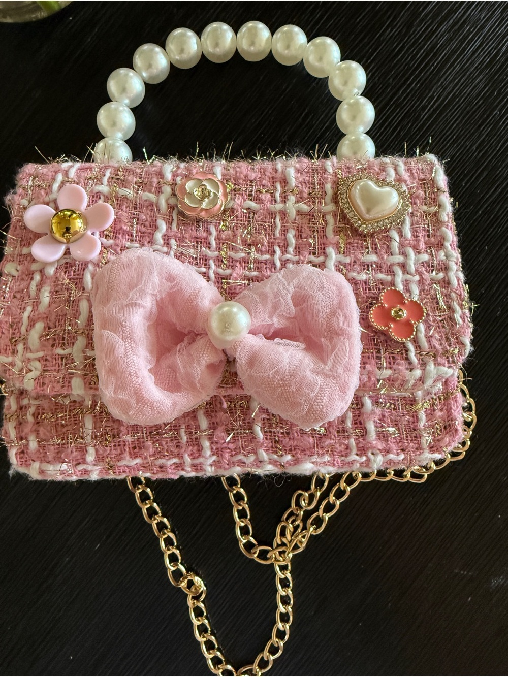 Girls Pink Tweed Mini Purse, Pearl Handle,Bow & Gold Chain,Dress Up Handbag - Picture 2 of 3
